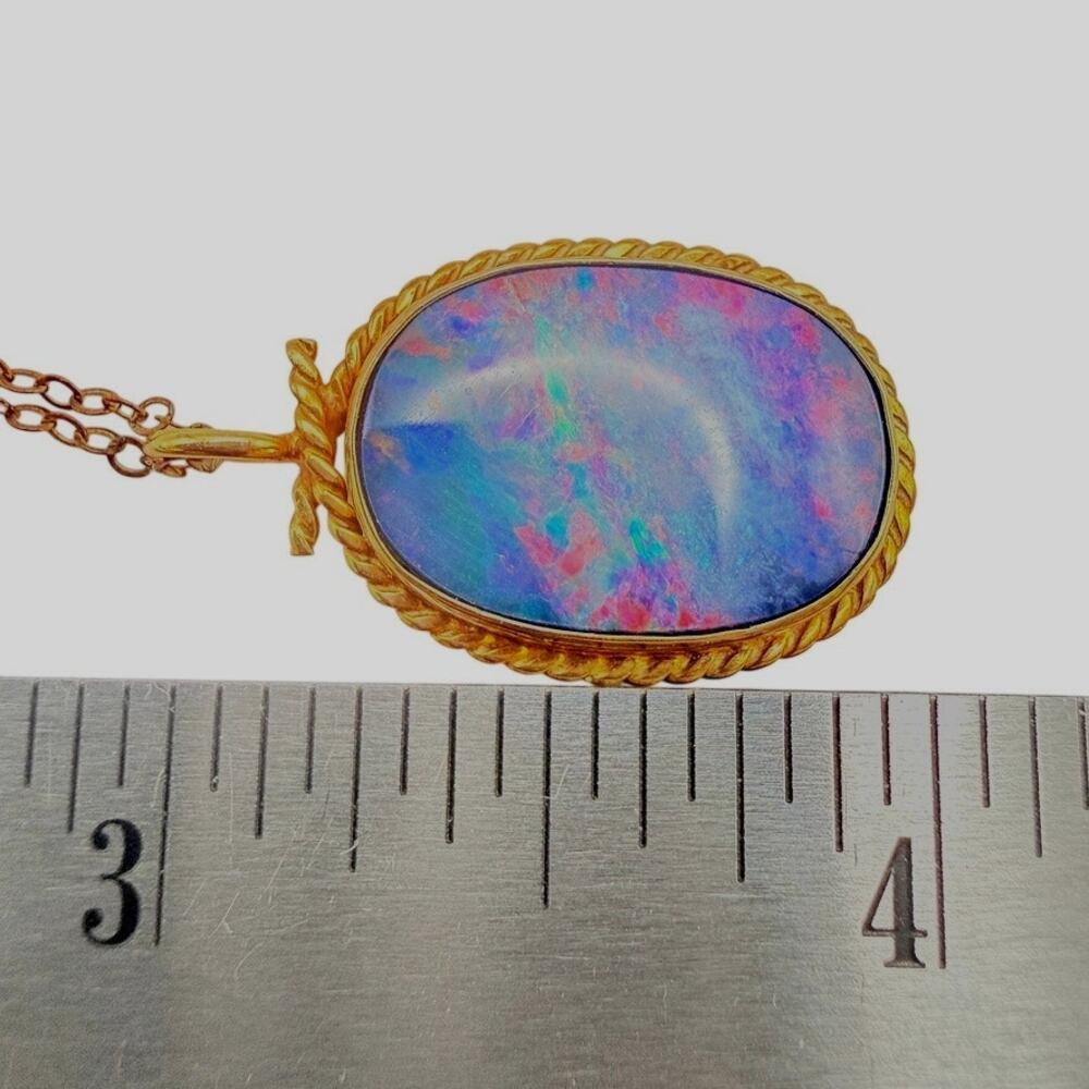 Vtg 9K Gold Australian Opal Doublet Pendant Necklace Twisted Rope 15.8ct - 19" - Picture 8 of 9